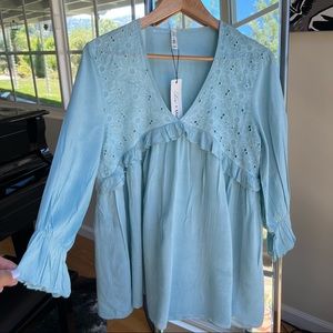 Sold! NWT Lori & Mari Bohemian Lace Shirt Baby Blue Vintage Look 100% Cotton